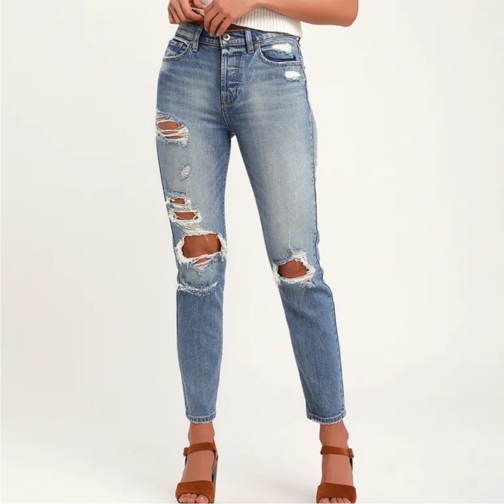 Lulus pistola Nico blue jeans distressed mom straight skinny pants destroyed rip